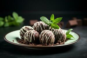 de dar água na boca chocolate hortelã trufas em uma placa. ai generativo foto