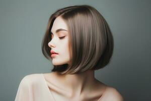 jovem mulher com curto prumo corte de cabelo em cinzento fundo. ai generativo foto