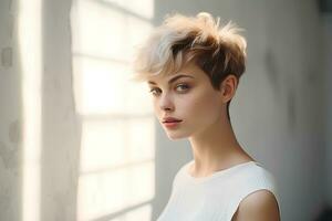 jovem mulher com curto prumo corte de cabelo em luz fundo. ai generativo foto