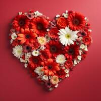 ai gerado a coração é forrado com lindo flores em uma vermelho fundo foto