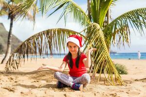 pequeno menina dentro santa chapéu sentado Próximo para Palma árvore em de praia foto