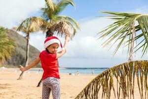 pequeno adorável meninas dentro santa chapéus durante de praia Natal período de férias foto