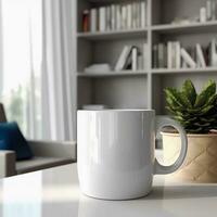 foto do uma branco café caneca em uma de madeira escrivaninha dentro uma moderno casa escritório.