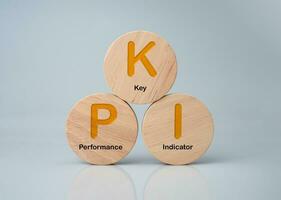 uma de madeira circular borda impresso com a abreviação kpi em uma branco fundo representa indicadores e kpis para melhorar organizacional desempenho, marketing, corporativo financeiro estratégias. foto
