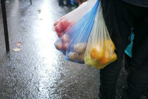 uma homem detém plástico bolsas dentro dele mão com legumes foto