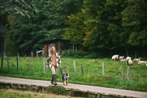 Fazenda paisagem, jovem mulher caminhando com australiano pastor cachorro foto
