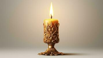 uma vintage vela queimando dentro uma dourado suporte, isolado em uma branco pano de fundo. foto