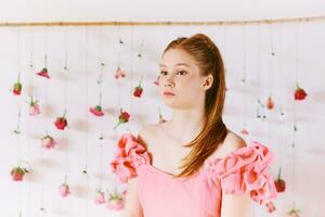 estúdio retrato do bonita jovem Adolescência 15 - 16 ano velho ruivo menina vestindo Rosa coral vestir, posando em branco fundo com suspensão flores, beleza e moda conceito foto