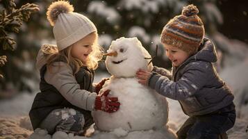 crianças jogar ao ar livre dentro neve. ao ar livre Diversão para família Natal período de férias. jogando ao ar livre. feliz criança tendo Diversão com boneco de neve. foto