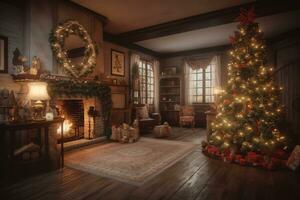 ai gerado Natal árvore dentro uma vivo quarto com lareira foto