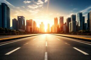 ai gerado retrato do o negócio cidade Centro com lente flare efeito. vidro reflexão do alta edifícios, alta edifícios dentro urbano áreas. borrado luz solar brilha através. generativo ai foto