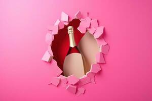 ai gerado uma garrafa do champanhe é mostrando através uma orifício dentro uma Rosa parede foto