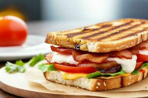 ai gerado sanduíche com bacon frito e tomate. pró foto