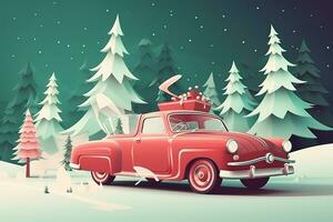 ai gerado uma vermelho carro com Natal apresenta em a costas dentro a neve foto