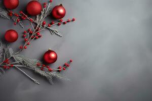 ai gerado Natal fundo com vermelho bolas e abeto galhos foto