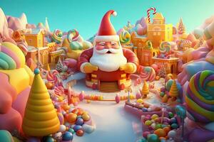 ai gerado uma 3d ilustração do santa claus cercado de doce foto