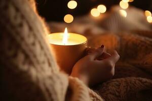 ai gerado uma mulher segurando uma vela dentro dela mãos enquanto sentado em uma cobertor foto