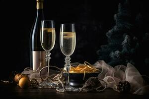 ai gerado dois óculos do champanhe com uma garrafa do vinho em uma mesa foto