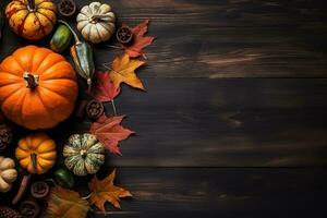 ai gerado abóboras e de outros outono decorações em uma de madeira mesa foto
