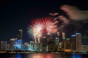 ai gerado fogos de artifício sobre a cidade Horizonte às noite foto