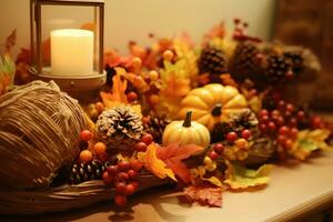 ai gerado uma mesa com uma vela, abóboras, e de outros outono decorações foto