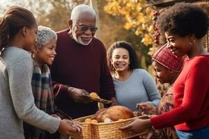 ai gerado uma família é colhido por aí uma mesa com uma cesta do Comida foto