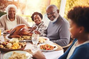 ai gerado uma família é desfrutando uma Ação de graças refeição juntos foto