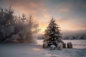 ai gerado uma Natal árvore é dentro a neve às pôr do sol foto