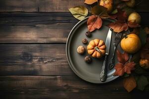 ai gerado outono mesa configuração com abóboras, nozes e folhas foto