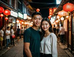 ai gerado foto do Senior ásia mulher durante pesado chuva e inundar em estrada às Chinatown rua às noite, generativo ai