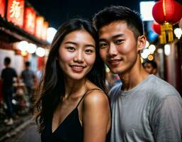 ai gerado foto do Senior ásia mulher durante pesado chuva e inundar em estrada às Chinatown rua às noite, generativo ai