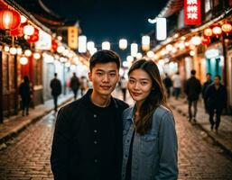 ai gerado foto do Senior ásia mulher durante pesado chuva e inundar em estrada às Chinatown rua às noite, generativo ai