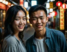 ai gerado foto do Senior ásia mulher durante pesado chuva e inundar em estrada às Chinatown rua às noite, generativo ai