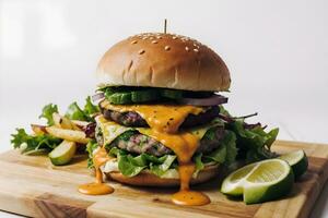 ai gerado queijo hamburguer com fritas dentro de madeira corte borda ai generativo foto