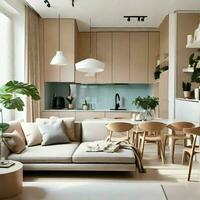 ai gerado uma moderno e minimalista casa interior Projeto para uma pequeno urbano apartamento. foto