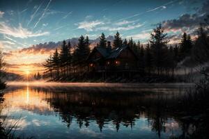 ai gerado dourado hora etéreo sonhadores lago casa ai generativo foto