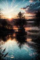 ai gerado dourado hora etéreo sonhadores lago casa ai generativo foto