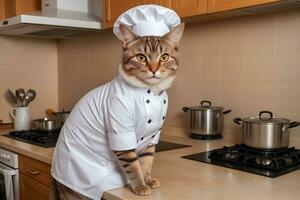 retrato gato chefe de cozinha dentro a cozinha ai generativo foto