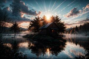 ai gerado dourado hora etéreo sonhadores lago casa ai generativo foto