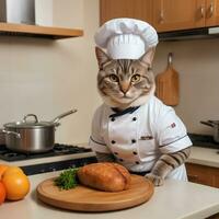 retrato gato chefe de cozinha dentro a cozinha ai generativo foto