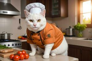 retrato gato chefe de cozinha dentro a cozinha ai generativo foto