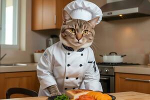 retrato gato chefe de cozinha dentro a cozinha ai generativo foto