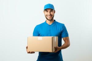 ai gerado Entrega homem vestindo azul camisa e boné segurando cartão caixa em uma branco fundo foto