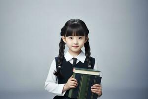 ai gerado uma pequeno menina dentro escola uniforme segurando uma livro foto