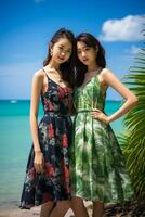 ai gerado dois chinês mulheres dentro floral vestidos em pé em a de praia foto