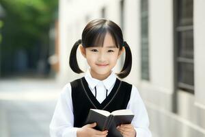 ai gerado uma pequeno menina dentro escola uniforme segurando uma livro foto