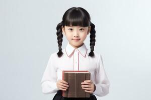 ai gerado uma pequeno menina dentro escola uniforme segurando uma livro foto