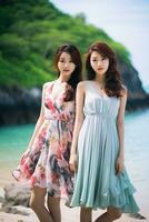 ai gerado dois chinês mulheres dentro floral vestidos em pé em a de praia foto