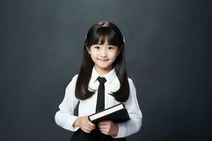 ai gerado uma pequeno menina dentro escola uniforme segurando uma livro foto