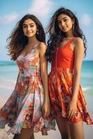 ai gerado dois indiano mulheres dentro vestidos em pé em a de praia foto